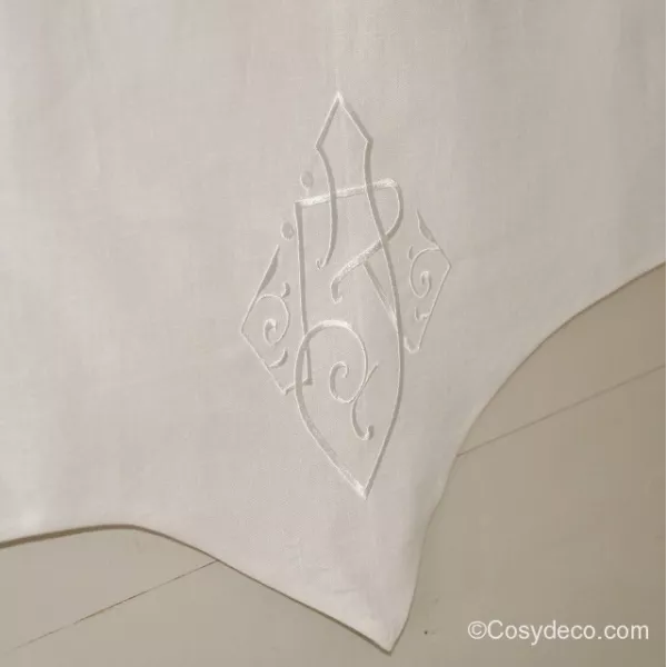 Grande Cantonnière sur-mesure Lin Blanc Décor Monogramme Années 30
