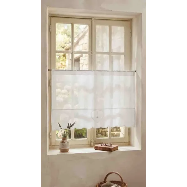 Brise-Bise Sur-Mesure en Lin Blanc Décor Cœur et Dentelle, Modèle Faustine